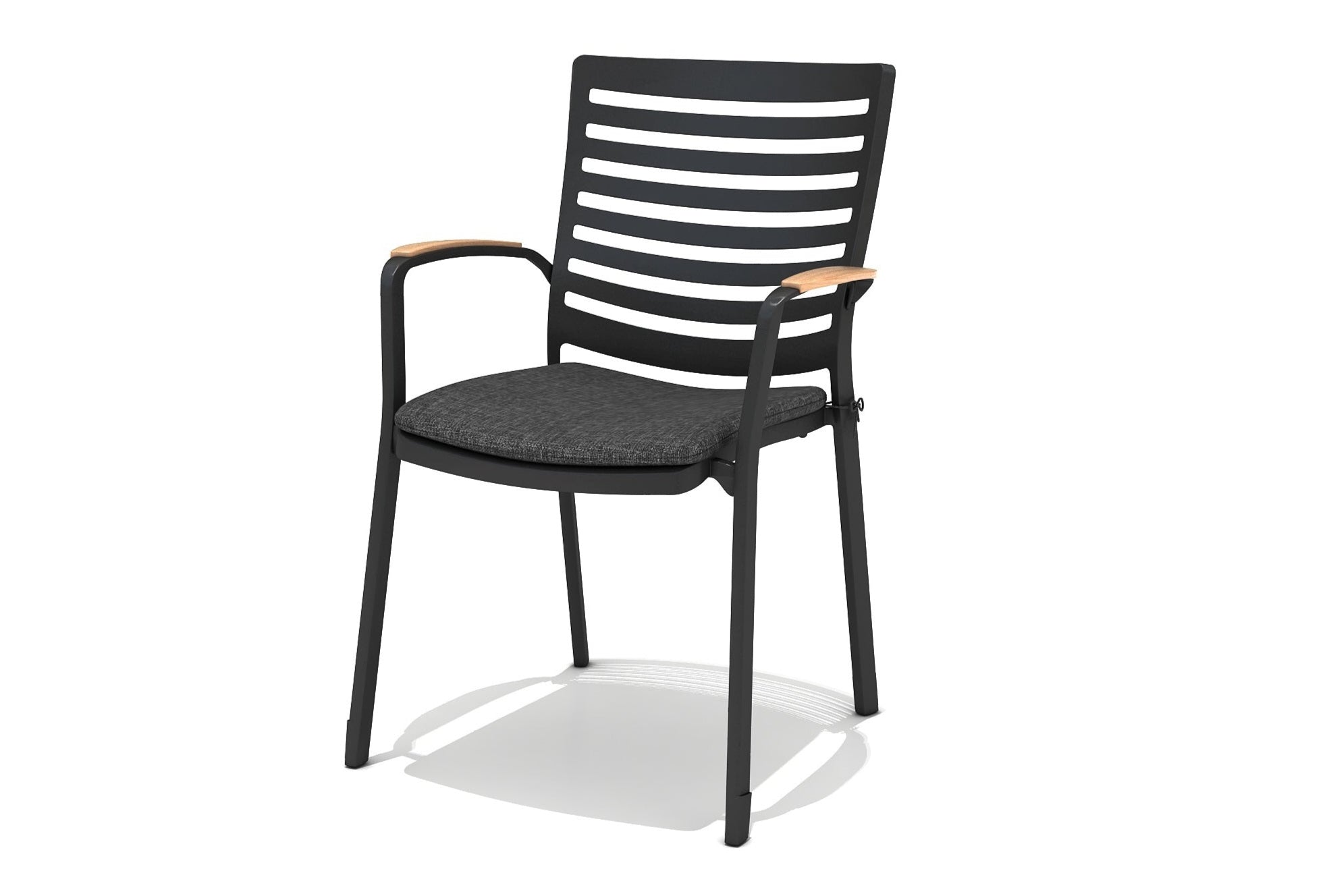 Black metal chair with a textured gray seat on a white background