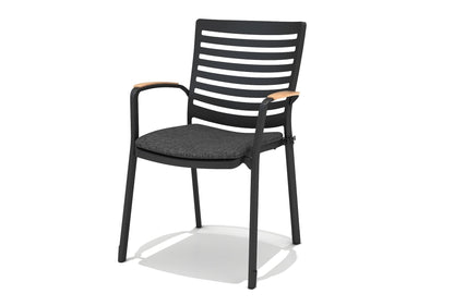 Black metal chair with a textured gray seat on a white background